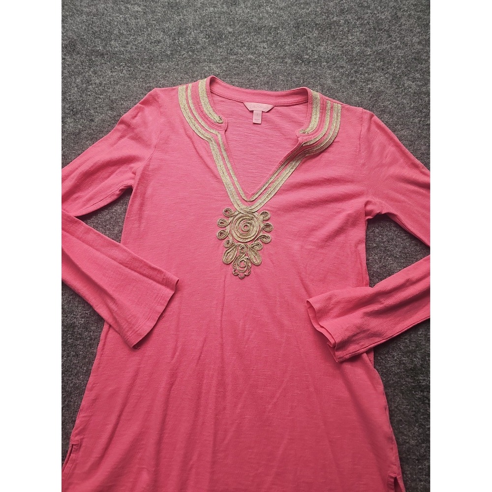 Lilly Pulitzer Women's "Size Small" Coral Tunic V-neck Top Gold Beading